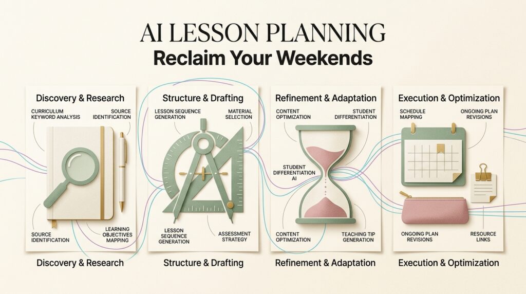 Premium editorial infographic showing AI lesson planning tools, featuring parchment texture, school icons, and a bold title 'AI LESSON PLANNING' to help teachers reclaim weekends.