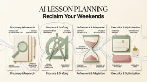 Premium editorial infographic showing AI lesson planning tools, featuring parchment texture, school icons, and a bold title 'AI LESSON PLANNING' to help teachers reclaim weekends.