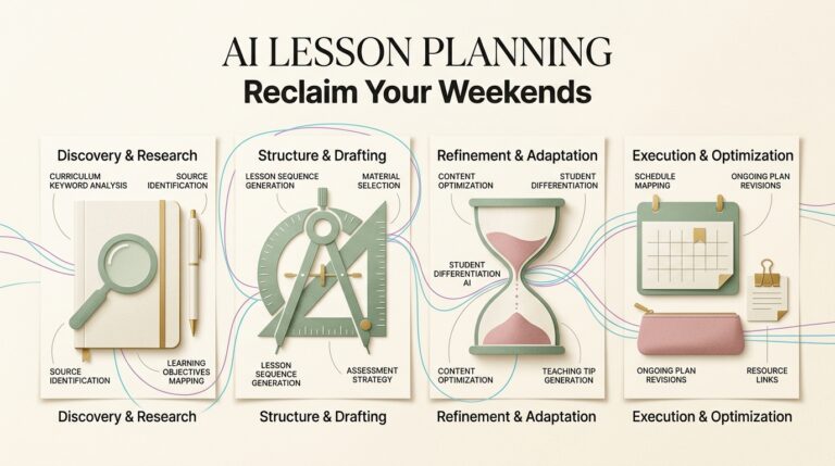 Premium editorial infographic showing AI lesson planning tools, featuring parchment texture, school icons, and a bold title 'AI LESSON PLANNING' to help teachers reclaim weekends.
