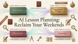 Minimalist editorial infographic showing AI lesson planning steps with cream paper texture, gold accents, and cyan AI filaments.