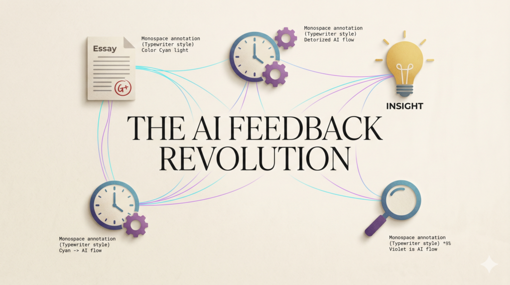 Minimalist infographic titled 'THE AI FEEDBACK REVOLUTION' showing automated teacher assessment icons connected by AI flow filaments.