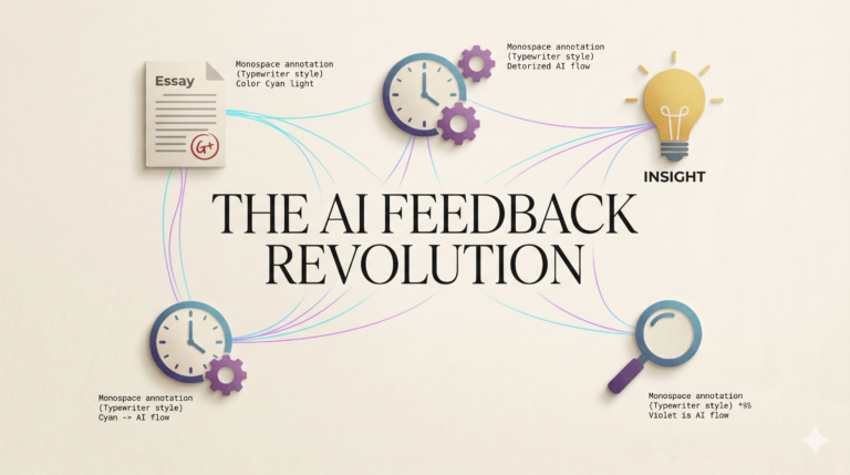 Minimalist infographic titled 'THE AI FEEDBACK REVOLUTION' showing automated teacher assessment icons connected by AI flow filaments.
